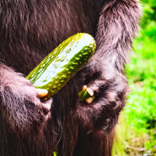 Image similar to bigfoot holding a pickle in his hand, color photograph, nature photograph, national geographic, 4 k.