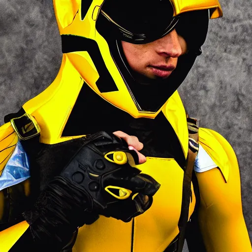 Image similar to drew carry as the yellow power ranger, digital photography, high detailed