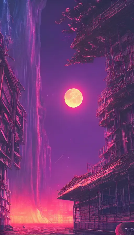 Image similar to reclaimed by nature by moon hoon, darkacademia atlantis cosmic san andreas at dawn neon signs tokyo synthwave universe, archdaily, wallpaper, highly detailed, trending on artstation.