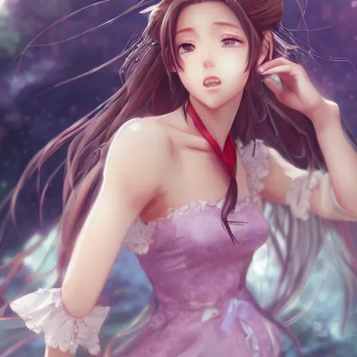 Prompt: beautiful anime art of aerith gainsborough by WLOP, rossdraws, Logan Cure, Mingchen Shen, BangkuART, sakimichan, yan gisuka, JeonSeok Lee, zeronis, Chengwei Pan on artstation