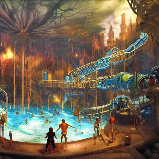 Prompt: waterpark in the human bloodstream painting by brain froud, charles vess, cinematic lighting, epic composition, highly detailed