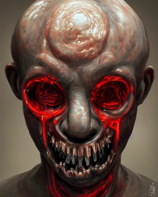 Image similar to Haunting horrifying detailed painting of a man made of sausages, rotten teeth and glowing red eyes, black eye shadow, hyper detailed, trending on Artstation