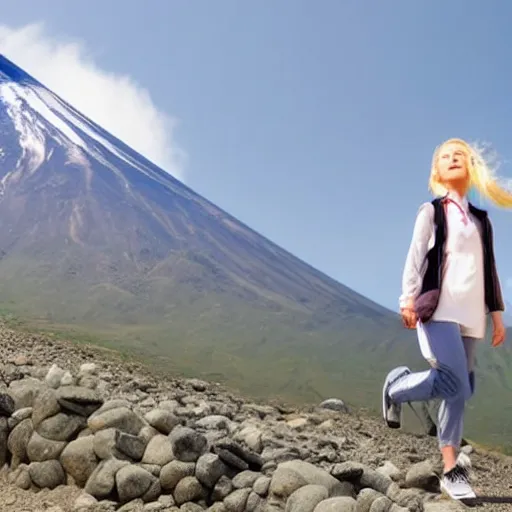 Image similar to a beautiful silver hair young woman walking up Mount Fuji in the style of studio ghibli