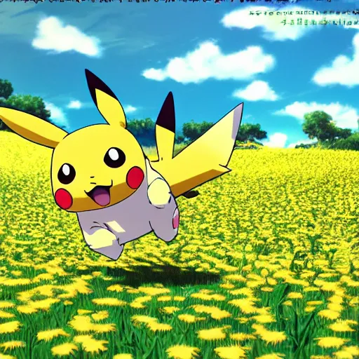 Prompt: Manga cover illustration of an extremely cute and adorable beautiful Pikachu running through a flower field, summer vibrance, 3d render diorama by Hayao Miyazaki, official Studio Ghibli still, color graflex macro photograph, Pixiv, DAZ Studio 3D