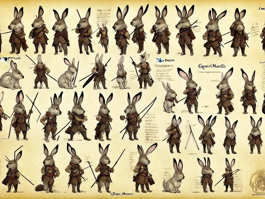 Image similar to character design sheet for a group of heroic rabbit archers on a parchment background, redwall, greg rutowski and jean baptiste monge, very very detailed, epic fantasy concept art