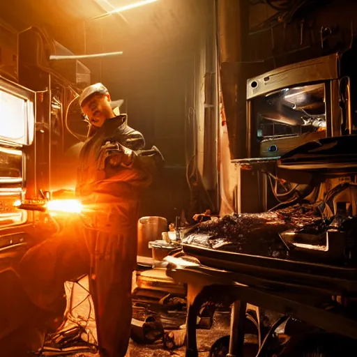 Image similar to technician repairing head of toaster oven mecha, dark messy smoke - filled cluttered workshop, dark, dramatic lighting, orange tint, cinematic, highly detailed, sci - fi, futuristic, movie still