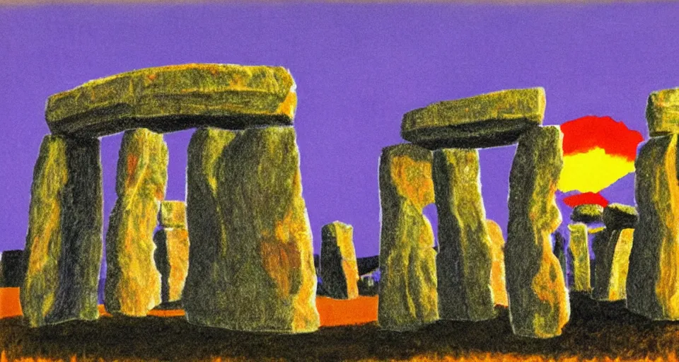 Image similar to color sketch of stonehenge, highly detailed, dramatic lighting, intense shadows, rich deep colours, by david hockney