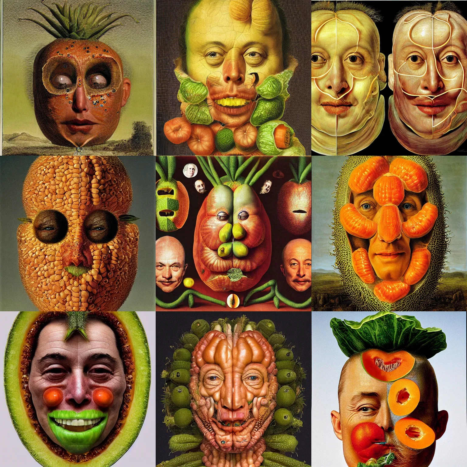 Prompt: elon musk's face shape of muskmelon that continue infinitely, surrealistic, highly detailed, 8 k, by giuseppe arcimboldo and salvador dali