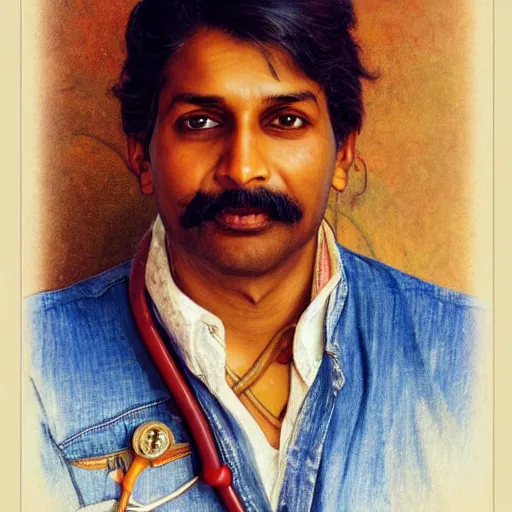 Prompt: close up a beautiful Indian doctor wearing jeans and a shirt in Texas in 2022, sun shining, photo realistic illustration by greg rutkowski, thomas kindkade, alphonse mucha, loish, norman rockwell.