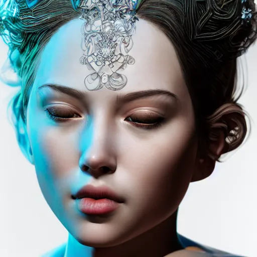 Image similar to the portrait of a blueberry that resembles an absurdly beautiful, graceful, elegant, sophisticated model woman, an ultrafine hyperdetailed illustration by kim jung gi, irakli nadar, intricate linework, bright colors, octopath traveler, final fantasy, unreal engine 5 highly rendered, global illumination, radiant light, detailed and intricate environment