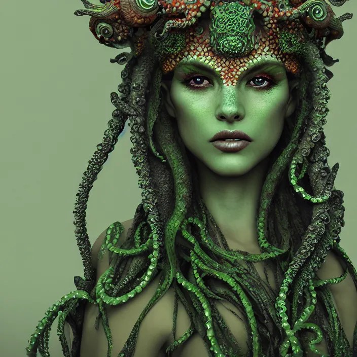 Prompt: front view portrait of a beautiful dark fire goddess warrior, fish scale skin, jade green eyes, green lips, entwined in seaweed and coral, octopus and starfish crown, highly detailed, sci - fi, intricate, decadent, highly detailed, octane render, concept art, smooth, sharp focus, hyper - realistic