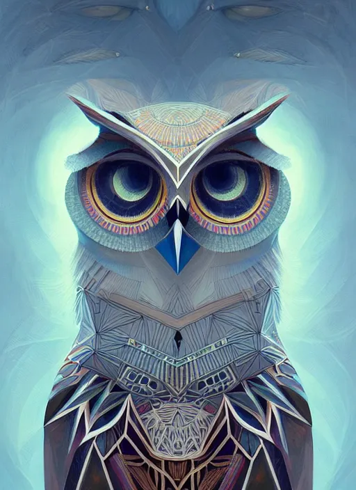 Image similar to portrait of a geometric owl, identical eyes, medium shot, illustration, full body made of white feathers, symmetrical, art stand, super detailed, cinematic lighting, and its detailed and intricate, gorgeous, by peter mohrbacher