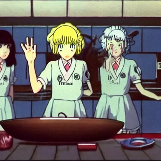 Image similar to screenshot from guro anime, 8 0's horror anime, yellowed grainy vhs footage with noise, four schoolgirls trapped in a bathroom, bathroom stalls and sinks and tiled floor, girls are in beige sailor school uniforms, one girl has white hair, detailed expressive faces, various hair colors and styles, in the style of studio ghibli,