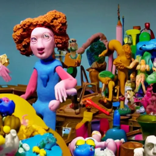 Image similar to a claymation film still of a toy / collection / ethnographic museum / claymation by jeff koons