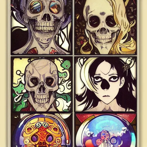 Image similar to anime manga astronaut skull portrait profile skeleton by Alphonse Mucha and Takashi Murakami pop art nouveau