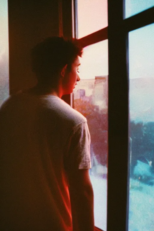 Image similar to agfa vista 4 0 0 photograph of a guy on a cluttered bedroom looking out a window, back view, synth vibe, vaporwave colors, lens flare, moody lighting, moody vibe, telephoto, 9 0 s vibe, blurry background, grain, tranquil, calm, faded!,