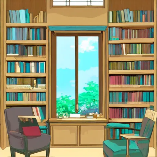 Prompt: a peaceful room with a desk and bookshelves, calm and serene, with rain visible through the windows of the room. Digital art by studio ghibli