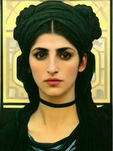 Prompt: portrait of a modern middle-eastern woman wearing a dark shirt, upper body 2d game avatar, Donato Giancola, Kodak film stock, chiaroscuro lighting, default pose neutral expression, expressionist colour, face-on head shot, close-up, eye-contact, sharp focus, shape language, Alphonse Mucha/Gustav Klimt style, alpha masked transparent flat grey background, 4k, volumetric lighting, French Nouveau, trending on artstation, octane render, ultra detailed, hyperrealistic