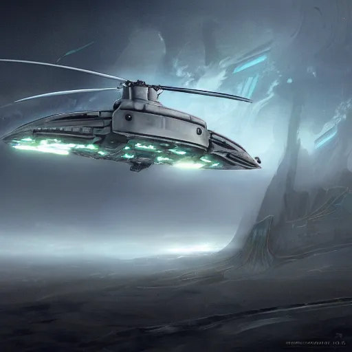 Prompt: a ghost town full a futuristic spaceship decorated with futuristic art by greg chocktail and beks jade and jade, trending on artstation A military helicopter landing in a misty, neolithic period, in
