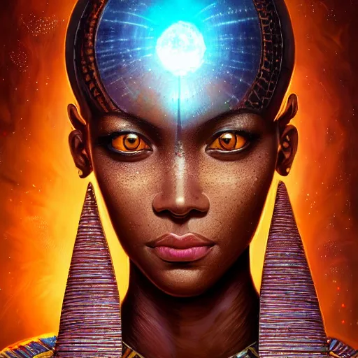 Image similar to highly detailed portrait of an african egyptian goddess, intricate alien technology, stephen bliss, unreal engine, fantasy art by greg rutkowski, loish, rhads, ferdinand knab, makoto shinkai and lois van baarle, ilya kuvshinov, rossdraws, tom bagshaw, global illumination, radiant light, detailed and intricate environment