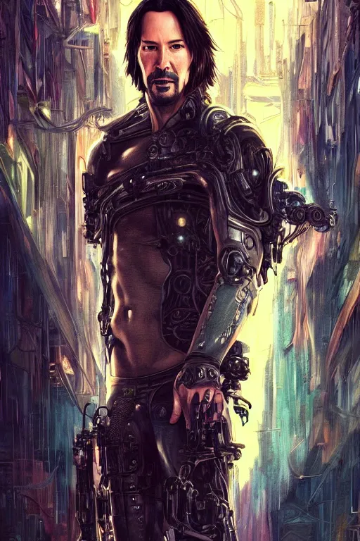 Prompt: Keanu Reeves in Cyberpunk setting, cute, fantasy, intricate, elegant, highly detailed, digital painting, 4k, HDR, concept art, smooth, sharp focus, illustration, art by artgerm and H R Giger and alphonse mucha