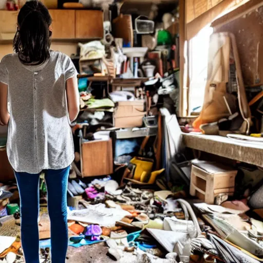 Prompt: woman stands in here messy house adhd - ip