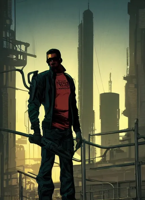 Image similar to Handsome Javier. good looking cyberpunk fitness dude. attractive face. Realistic Proportions. Concept art by James Gurney and Laurie Greasley. Moody Industrial skyline. ArtstationHQ. Creative character design for cyberpunk 2077.