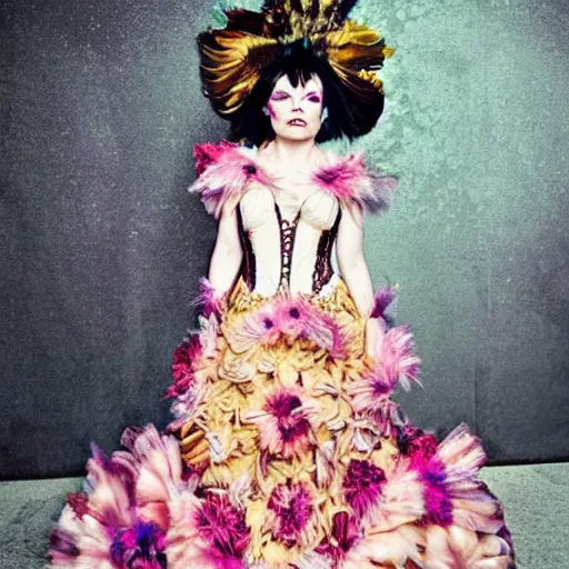 Image similar to bjork in a gown inspired by steampunk flowerpunk afterlife