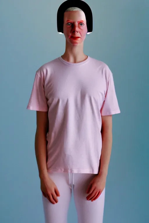 Image similar to a high definition film photograph of a normal androgynous robot human wearing a plain white t - shirt, in a pastel pink room. happy. metal visor covering eyes. metallic shiny gold coloured helmet. crushed shadows.