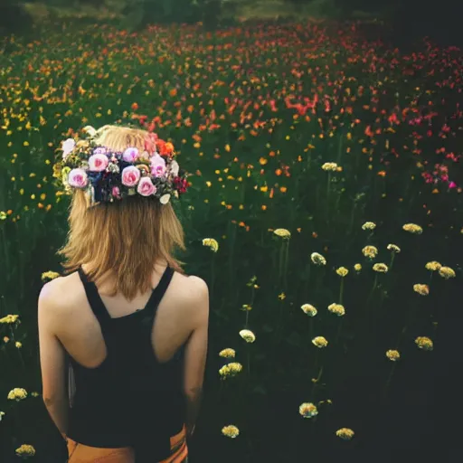 Image similar to kodak portra 4 0 0 photograph of a skinny blonde goth guy standing far back in a field of flowers, back view, flower crown, moody lighting, telephoto, 9 0 s vibe, blurry background, vaporwave colors, faded!,