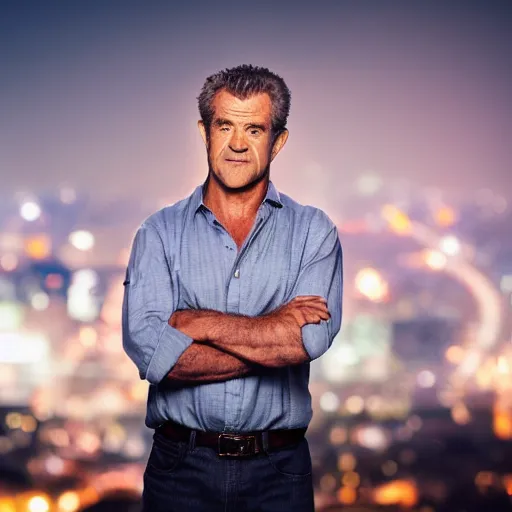 Prompt: a still of mel gibson, studio lighting, shallow depth of field, lights of city in the background, profession photography, 4 k