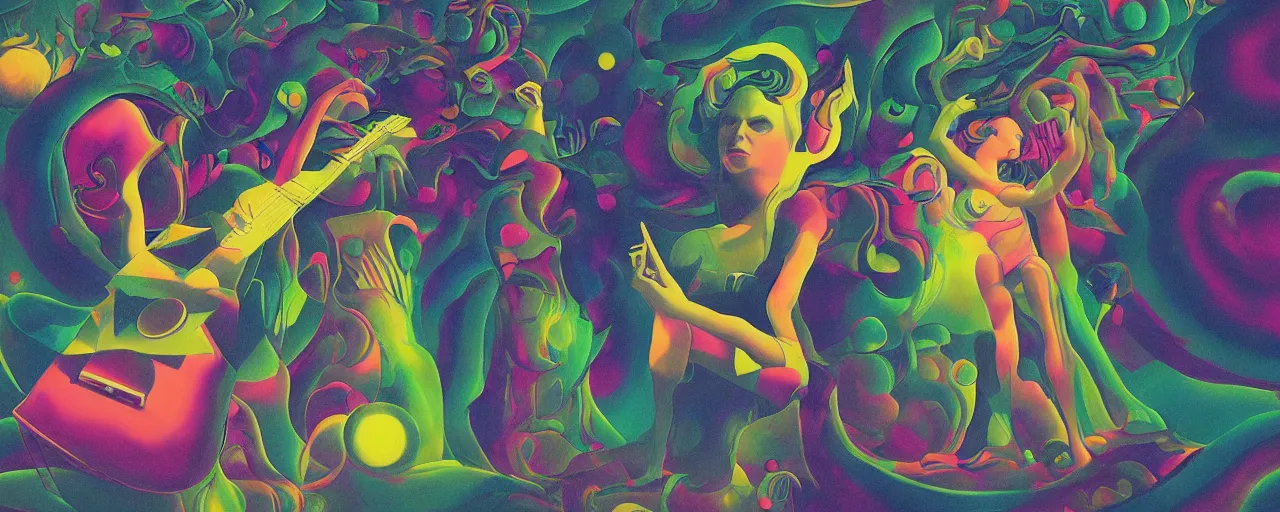 Image similar to musical goddess performing in Misono Universe, surrealist psychedelic collage painting in the style of Magritte, Roger Dean, Yoshio Awazu, 3d render, artstation trending, muted deep neon color