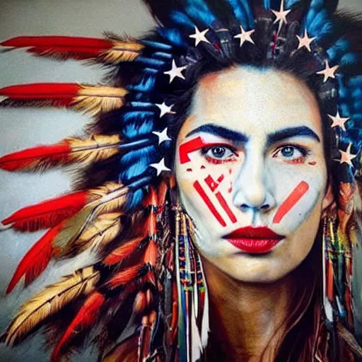 Image similar to a beautiful portrait sculpture designed by Sandra Chevrier, native american headdress, American stars and stripes on face, by Annie Leibovitz