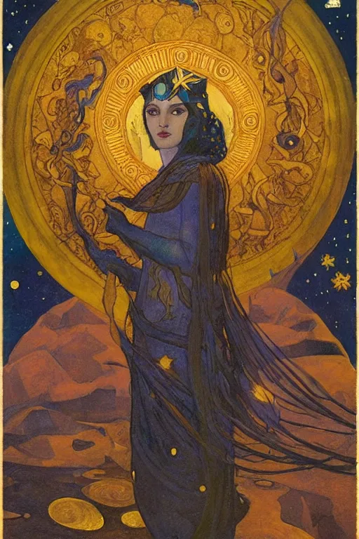 Image similar to queen of the moon with stars in her hair, by nicholas roerich and annie swynnerton and donato giancola and dulac, dramatic lighting, god rays, geometric tattoos, rich colors, smooth sharp focus, extremely detailed, leo and diane dillon, adolf wolfli