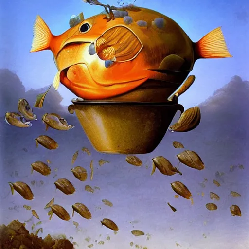 Image similar to a fish on the top of a pile of fish, inside a cooking pot, side view, by vladimir kush, dystopian aer, rococo