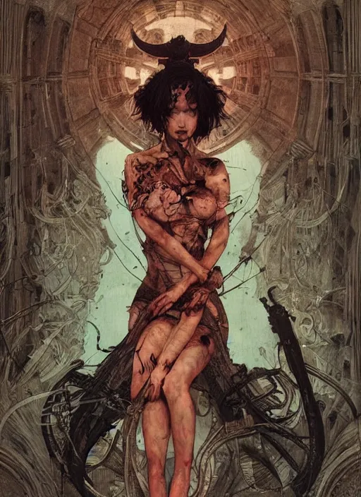 Image similar to demon, eun emerging from renaissance italy into a cyberpunk mutiversal realm by conrad roset, nicola samuri, dino valls, m. w. kaluta, jakub rebelka, rule of thirds, seductive look, beautiful