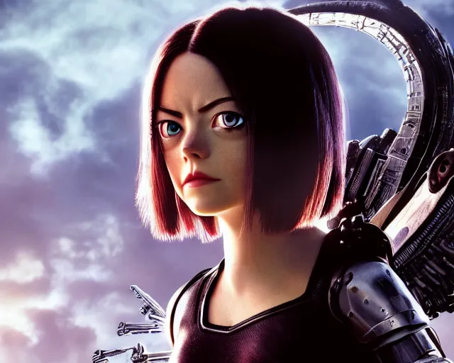 Image similar to a film still from battle angel alita played by actress emma stone, portrait, beautiful, cinematic lighting, photorealistic, hyperrealistic, highly detailed, close - up, high resolution, 4 k