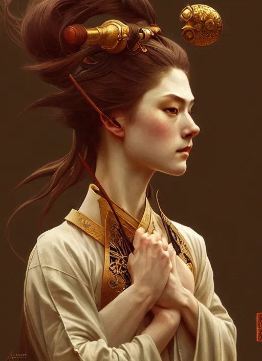 Image similar to samurai, diffuse lighting, fantasy, intricate, elegant, highly detailed, lifelike, photorealistic, digital painting, artstation, illustration, concept art, smooth, sharp focus, art by John Collier and Albert Aublet and Krenz Cushart and Artem Demura and Alphonse Mucha