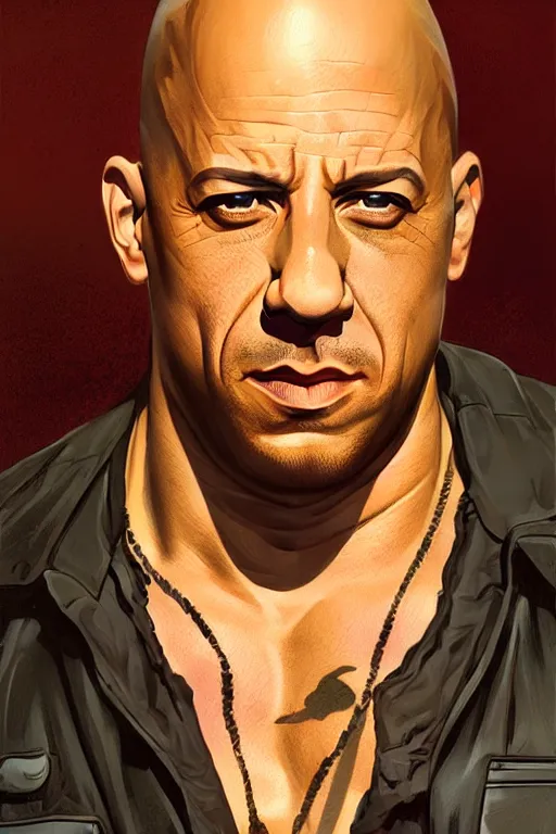 Image similar to vin diesel as walter white, realistic portrait, symmetrical, highly detailed, digital painting, artstation, concept art, smooth, sharp focus, illustration, cinematic lighting, art by artgerm and greg rutkowski and alphonse mucha