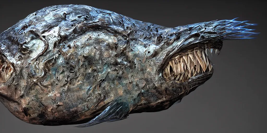 Image similar to angler fish sculpture, stylized layered shapes, long flowing fins, bioluminescent orbs, 3 d render, substance painter, glowing eye, intricate, highly detailed, lifelike, smooth, sharp focus, art by h r giger