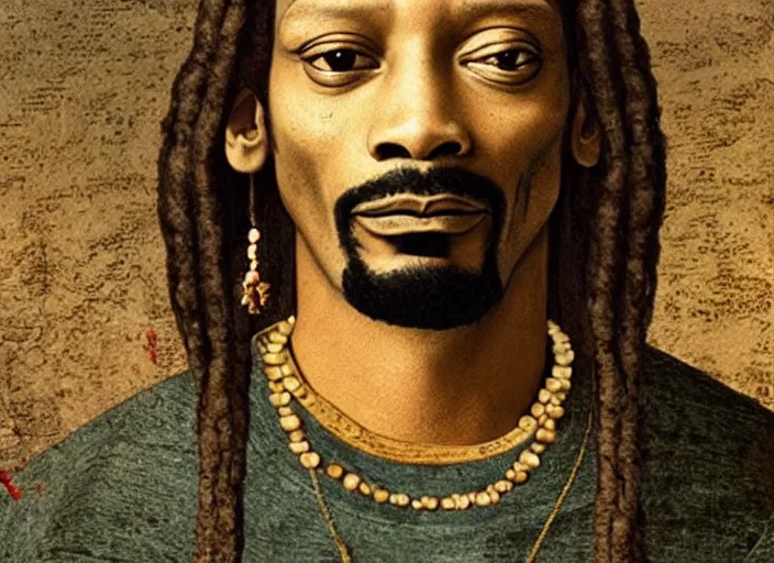 Image similar to a very high resolution image from a new movie, snoop dogg. drawn by leonardo da vinci. mountains, directed by wes anderson