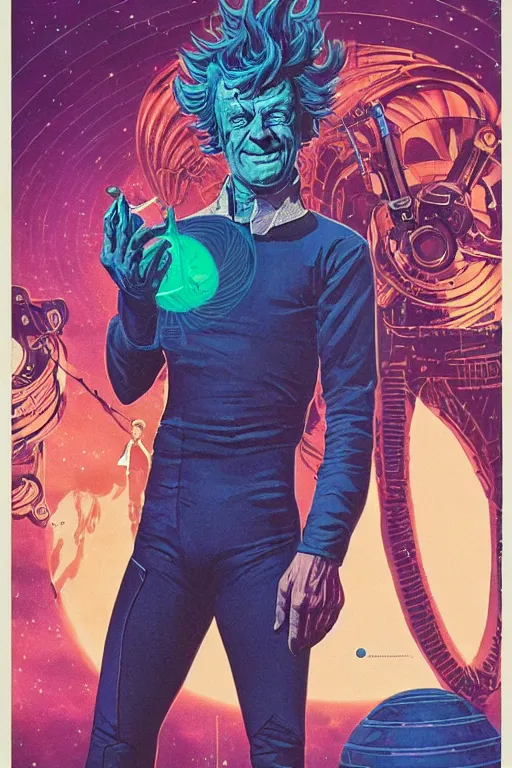 Prompt: John Noble as Rick Sanchez, science fiction, retro cover, high details, intricate details, by vincent di fate, artgerm julie bell beeple, 60s, inking, vintage 60s print, screen print