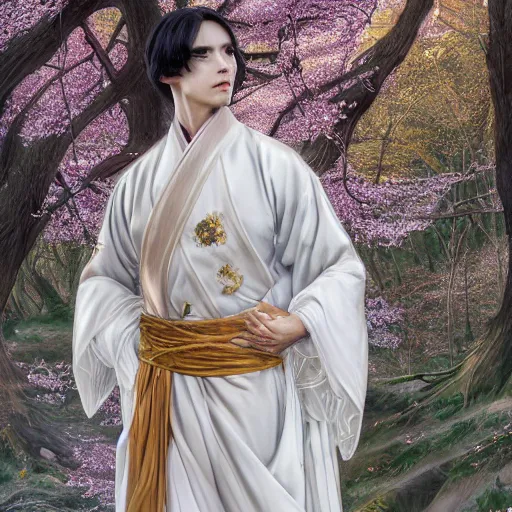 Image similar to a portrait of a young beautiful prince, golden eyes, long black hair, white hanfu, elegant, intricate, backlit, incredible lighting, strong rim light, subsurface scattering, photorealistic, epic beautiful landscape, cherry trees, highly detailed, digital painting, by Heise Jinyao, Heise-Lian Yan Fang, Feimo, Rossdraws, HDRI, vivid colors, high contrast, 8k