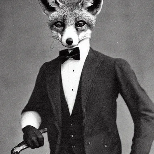 Image similar to male fox wearing tuxedo, victorian era