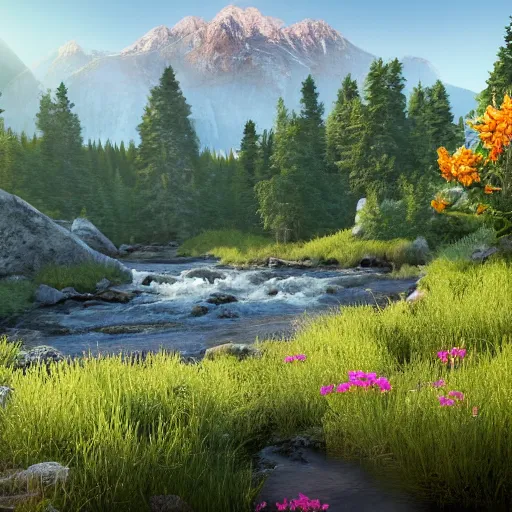 Image similar to natural landscape with sun, mountains, trees, flowers and rivers, photorealistic, ultra - detailed, 4 k high resolution, hdr shot, unreal engine rendering