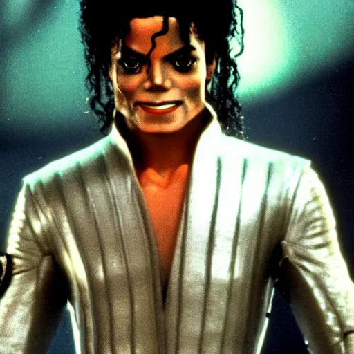 Image similar to a 80s film still of Michael Jackson as a Jedi in Star Wars, shallow depth of field, split lighting