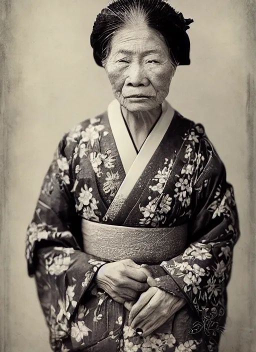 Prompt: a wet plate portrait of a old asiatic woman, geisha, traditional dress, flowers, photorealistic, cinematic light, highly detailed, smooth, sharp focus, illustration, shallow depth of field