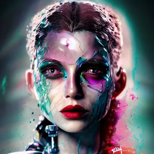 Image similar to woman portrait made out of water color paint, beautiful, cyborg, octane render, tim burton comic book art