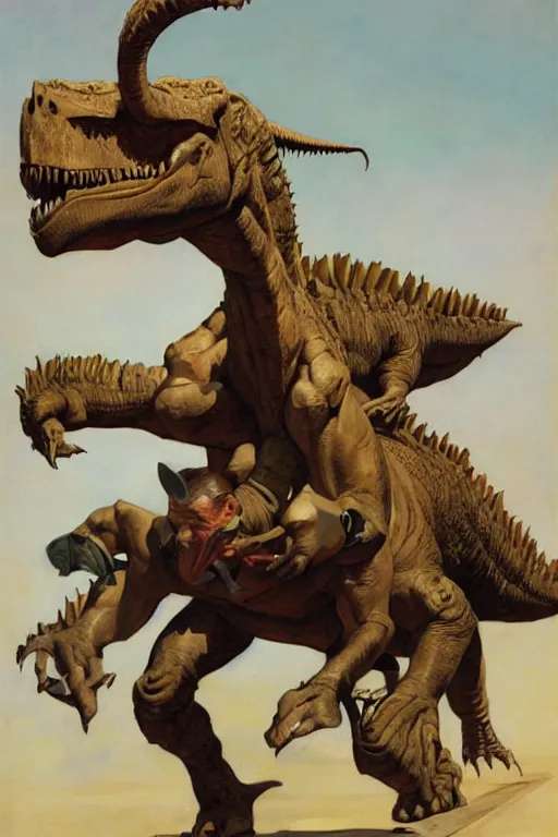 Image similar to strong man riding a dinosaur, by j. c. leyendecker, james gurney