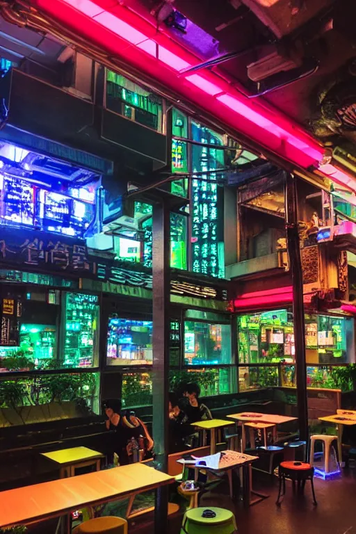 Image similar to full view, from a distance, of cyberpunk cafe in taipei, highly detailed